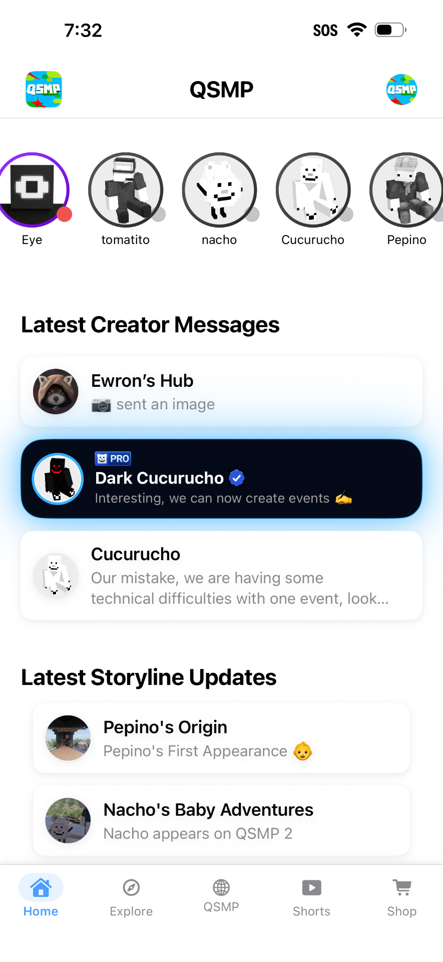 QSMP home with creator stories and latest messages